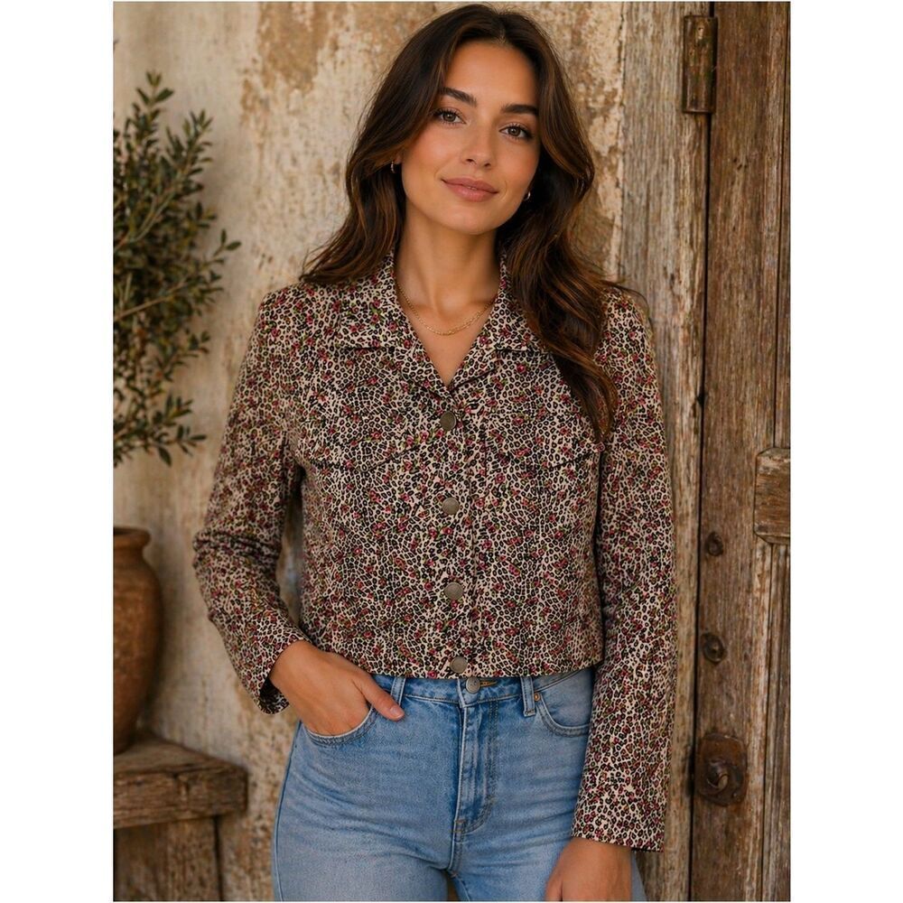 Vintage David Paul Cropped Leopard and  Floral Button-Down Jacket in Brown  Red